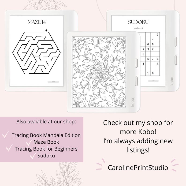 May include: A digital e-reader displaying a black and white maze puzzle on the screen. The e-reader is white with a black border and the text "MAZE 14" at the top. The e-reader is on a white background.
