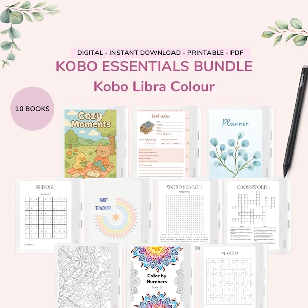 Kobo Essentials Bundle for Kobo Libra Colour Games Reading Journal Maze Wordsearch Crosswords Coloring Painting Planner Sudoku Habit Tracker