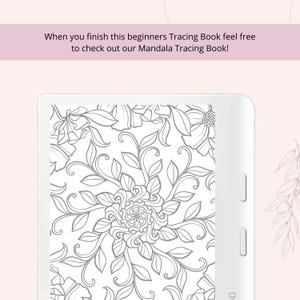 May include: A black and white digital drawing of a floral mandala pattern. The image is displayed on a white e-reader device.