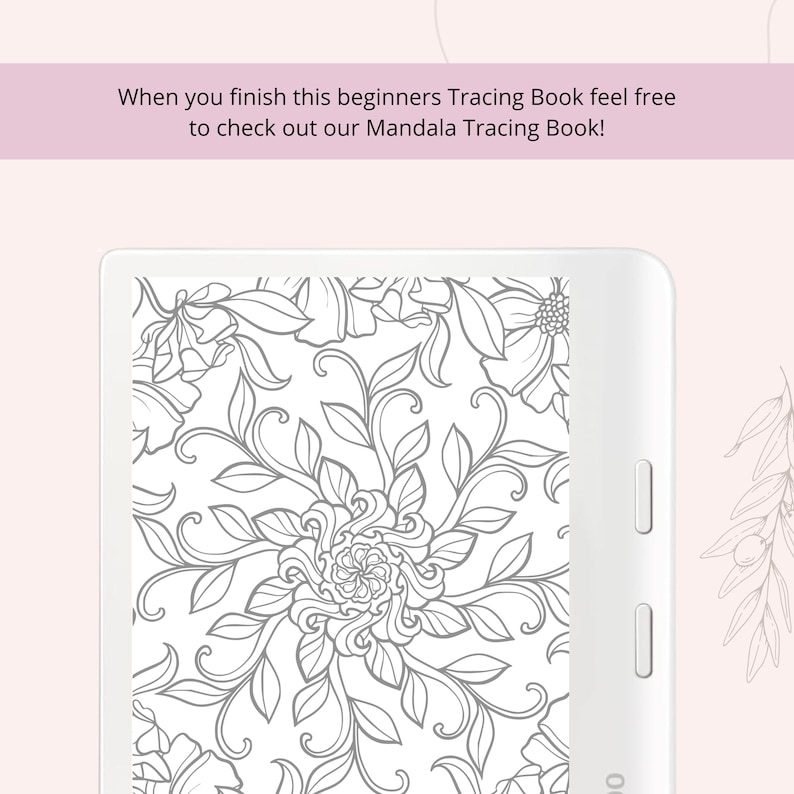 May include: A black and white digital drawing of a floral mandala pattern. The image is displayed on a white e-reader device.
