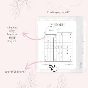 Pode incluir: Um leitor de e-books branco com um Sudoku exibido na tela. O Sudoku est&aacute; etiquetado como "hard 1". A tela tamb&eacute;m mostra as palavras "Sudoku" e "Solu&ccedil;&otilde;es".