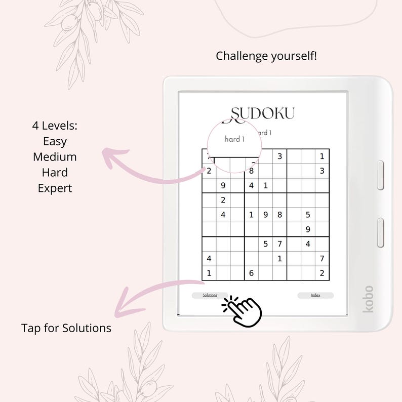 Pode incluir: Um leitor de e-books branco com um Sudoku exibido na tela. O Sudoku est&aacute; etiquetado como "hard 1". A tela tamb&eacute;m mostra as palavras "Sudoku" e "Solu&ccedil;&otilde;es".