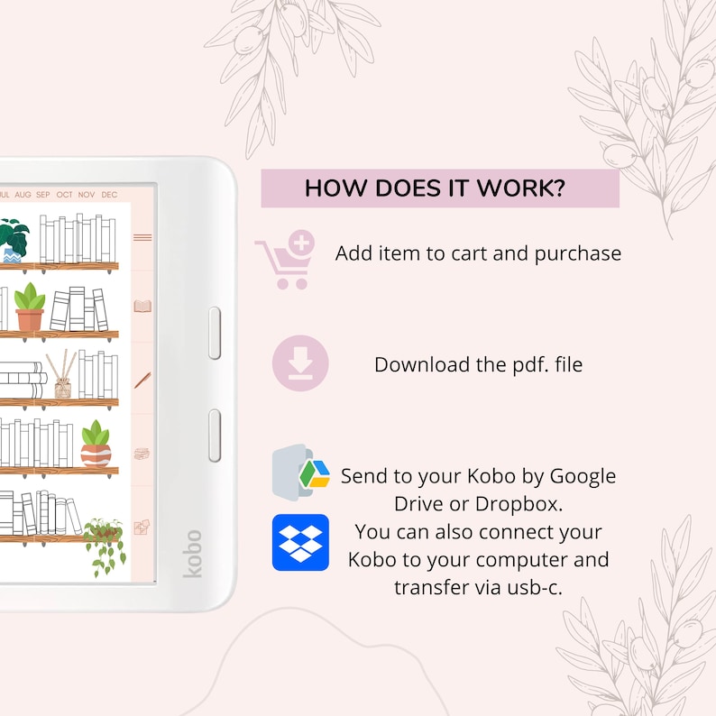 May include: A digital illustration showing how to download and transfer a printable PDF file to a Kobo e-reader. The illustration shows a Kobo e-reader with a bookshelf on the screen. The illustration also shows icons for a shopping cart, a download arrow, a folder, and a cloud.