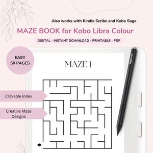May include: A digital maze book for the Kobo Libra Colour e-reader. The cover shows a simple maze with the text "MAZE 1" and the words "EASY 50 PAGES" in a pink box. The text "Clickable Index" and "Creative Maze Designs" are also visible.