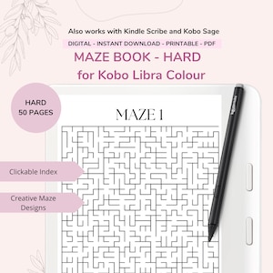 May include: A black and white maze puzzle on a white background with the text "MAZE 1" at the top. The image is on a tablet with a black stylus next to it. The text "HARD 50 PAGES" is in a pink box on the left side of the image. The text "Clickable Index" and "Creative Maze Designs" are in white boxes on the left side of the image.