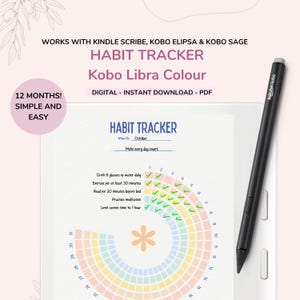 Könnte beinhalten: Ein druckbarer Habit Tracker für den E-Reader Kobo Libra Colour. Der Tracker zeigt einen regenbogenfarbenen Kreis mit Kontrollkästchen für jeden Tag des Monats. Der Text "HABIT TRACKER" befindet sich oben auf der Seite, und der Monat ist Oktober. Der Text "Make every day count" befindet sich unterhalb des Monats.
