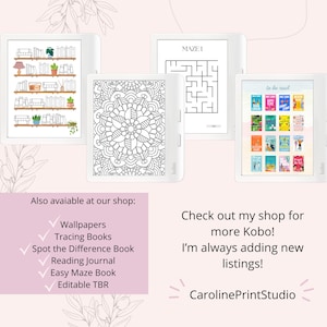 May include: Three images of a Kobo e-reader displaying different digital content. The first image shows a bookshelf with books and plants. The second image shows a maze puzzle. The third image shows a list of books to be read. The text on the images reads "MAZE 1" and "to be read".