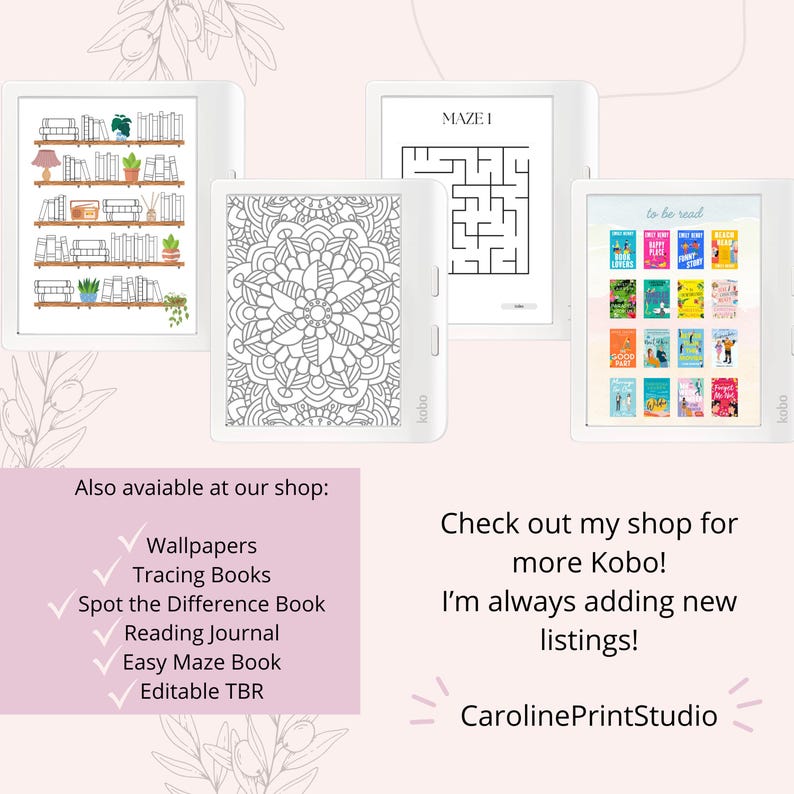 May include: Three images of a Kobo e-reader displaying different digital content. The first image shows a bookshelf with books and plants. The second image shows a maze puzzle. The third image shows a list of books to be read. The text on the images reads "MAZE 1" and "to be read".