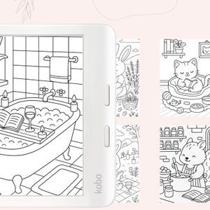 Puede incluir: Ilustraci&oacute;n en blanco y negro de un gato tomando un ba&ntilde;o en una ba&ntilde;era con burbujas, leyendo un libro y sosteniendo una copa de vino en una bandeja. El gato lleva una toalla. Hay velas en la bandeja y una toalla colgada en la pared.