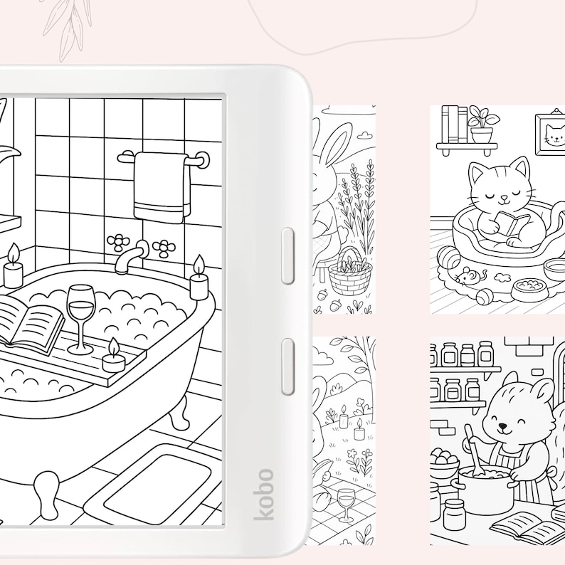Puede incluir: Ilustraci&oacute;n en blanco y negro de un gato tomando un ba&ntilde;o en una ba&ntilde;era con burbujas, leyendo un libro y sosteniendo una copa de vino en una bandeja. El gato lleva una toalla. Hay velas en la bandeja y una toalla colgada en la pared.