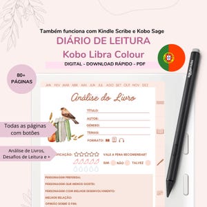 May include: A pink and white printable digital reading journal with a bird and stack of books illustration. The journal is titled "Diário de Leitura" and includes sections for book analysis, character preferences, and overall rating. The journal is compatible with Kindle Scribe and Kobo Sage.