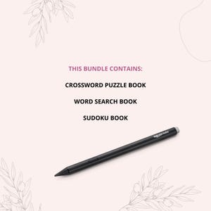 May include: This bundle contains a crossword puzzle book, a word search book, and a Sudoku book. A black stylus is shown on a light pink background.