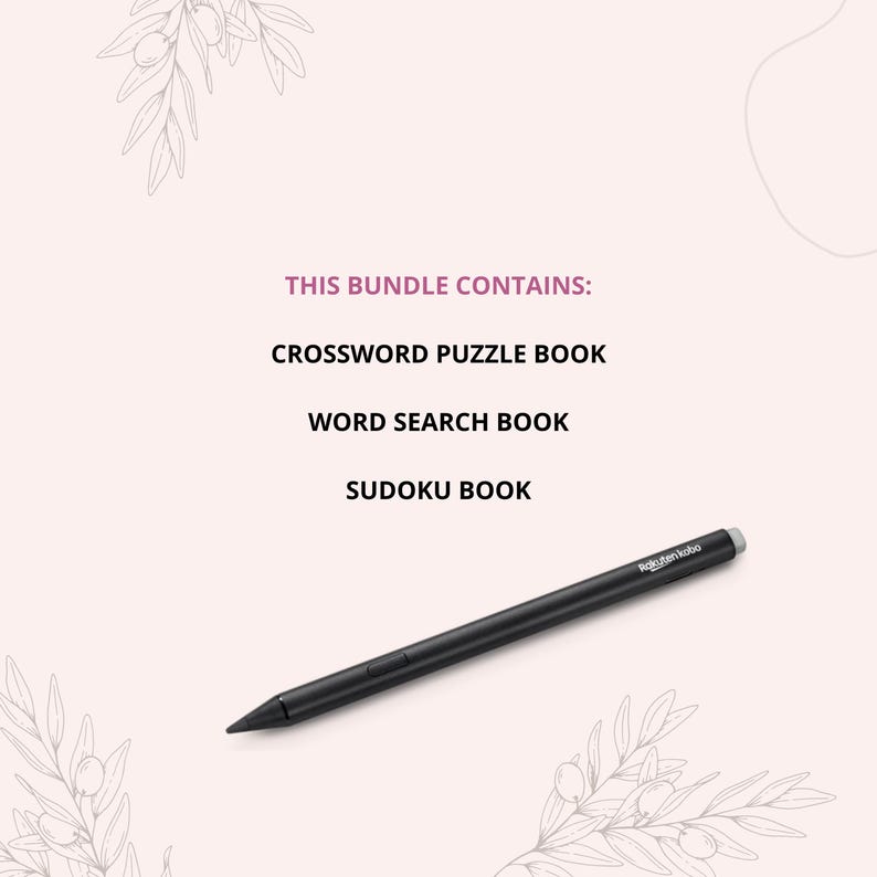 May include: This bundle contains a crossword puzzle book, a word search book, and a Sudoku book. A black stylus is shown on a light pink background.
