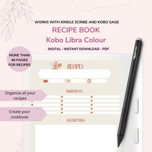 以下が含まれることがあります： Kobo Libra Colour電子書籍リーダー用のデジタルレシピブックテンプレート。テンプレートはベージュの背景に茶色のテキストとアイコンがあります。テキストには「RECIPES」、「INGREDIENTS」、「INSTRUCTIONS」と表示されています。