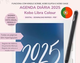 Kobo Agenda 2025 Diária em Português | Agenda Planner Datada em Português para Kobo Libra Colour | Kobo Stylus Games Puzzles Books Tracker