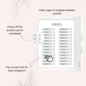 Pode incluir: Um leitor de e-books branco com uma tela preta exibindo uma p&aacute;gina de &iacute;ndice para navegar entre os quebra-cabe&ccedil;as. A p&aacute;gina de &iacute;ndice &eacute; rotulada como "&Iacute;NDICE" e lista os quebra-cabe&ccedil;as por n&iacute;vel de dificuldade: F&aacute;cil, M&eacute;dio, Dif&iacute;cil e Experiente. As caixas de sele&ccedil;&atilde;o ao lado de cada quebra-cabe&ccedil;a permitem que os usu&aacute;rios marquem os quebra-cabe&ccedil;as conclu&iacute;dos.