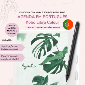 Könnte beinhalten: Eine digitale Agenda in Portugiesisch für den E-Reader Kobo Libra Colour. Die Agenda zeigt ein Design mit grünen Monstera-Blättern und den Text "Agenda em Português" und "Kobo Libra Colour".