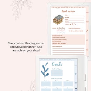 May include: Two white e-readers displaying digital planner pages. One shows a book review form with a stack of books illustration. The other displays a goals page with a blue watercolor leaf. Text reads: Check out our Reading Journal and Undated Planner!