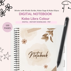 Puede incluir: Un cuaderno digital con el texto "DIGITAL NOTEBOOK Kobo Libra Colour" y "120 PAGES". El cuaderno tiene una encuadernación en espiral y está decorado con diseños florales y abstractos marrones al estilo acuarela. Un lápiz óptico negro descansa sobre el cuaderno.