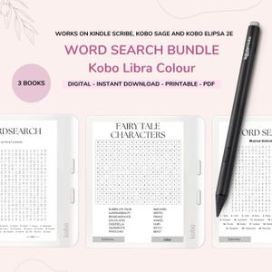 以下が含まれることがあります： Kobo Libra Colour 用のデジタル単語検索バンドル。さまざまなテーマの 3 冊の本が含まれています。画像には、黒いスタイラスと、単語検索パズルを表示する 3 つの Kobo e-reader が含まれています。テキストは「Word Search Bundle」と「Digital - Instant Download - Printable - PDF」と表示されています。