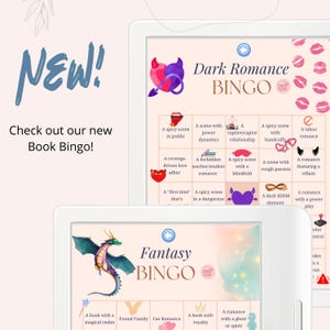 Puede incluir: Dos tarjetas de bingo, una para romance oscuro y otra para fantas&iacute;a. La tarjeta de romance oscuro tiene un diablo rojo con un coraz&oacute;n y la tarjeta de fantas&iacute;a tiene un drag&oacute;n verde. Ambas tarjetas tienen una flecha azul apuntando hacia la derecha.