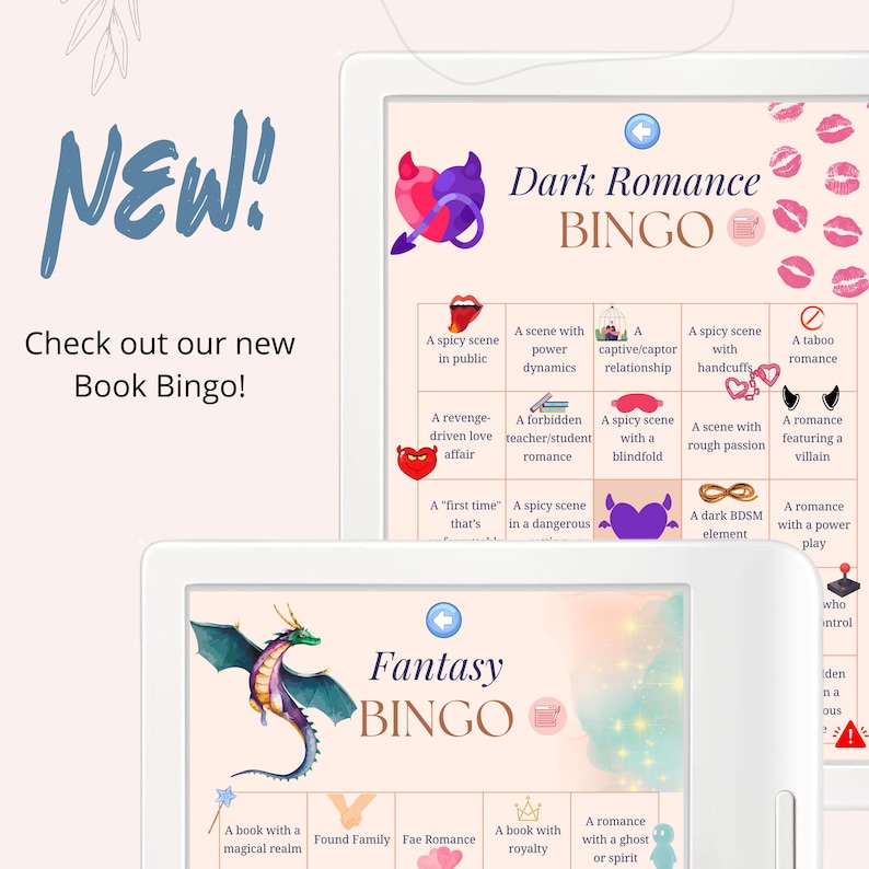 Puede incluir: Dos tarjetas de bingo, una para romance oscuro y otra para fantas&iacute;a. La tarjeta de romance oscuro tiene un diablo rojo con un coraz&oacute;n y la tarjeta de fantas&iacute;a tiene un drag&oacute;n verde. Ambas tarjetas tienen una flecha azul apuntando hacia la derecha.