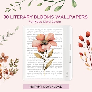 Może przedstawiać: Cyfrowa tapeta na czytniki Kobo Libra Colour z kwiatowym wzorem i brzoskwiniowym kwiatem. Tekst brzmi "30 Literary Blooms Wallpapers" i "Instant Download".