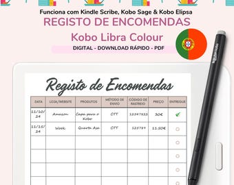 Peut inclure: Un téléchargement numérique imprimable pour un suivi de commande Kobo Libra Colour. Le suivi comporte des colonnes pour la date, le magasin, le produit, le mode d'expédition, le numéro de suivi, le prix et l'état de la livraison. Le suivi est conçu pour être utilisé avec un stylet sur une tablette.
