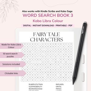 May include: A digital word search puzzle book for Kobo Libra Colour, featuring "Fairy Tale Characters." Includes 50 puzzles with solutions and clickable links. A black stylus rests on the screen.