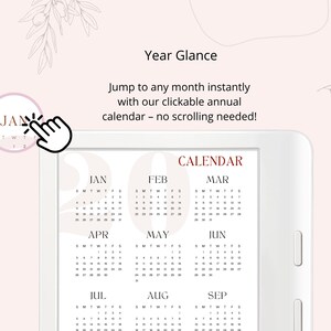May include: A digital calendar interface with a year-at-a-glance view. The screen displays the months of the year, with the word "CALENDAR" at the top. A hand icon points to the month of January. The background is a soft pink color.