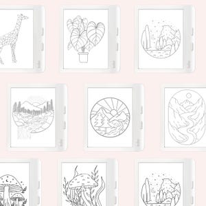 May include: Nine digital illustrations of various nature scenes and objects, including a giraffe, a plant, a mountain range, a mushroom, and a river. The illustrations are displayed on a white background.