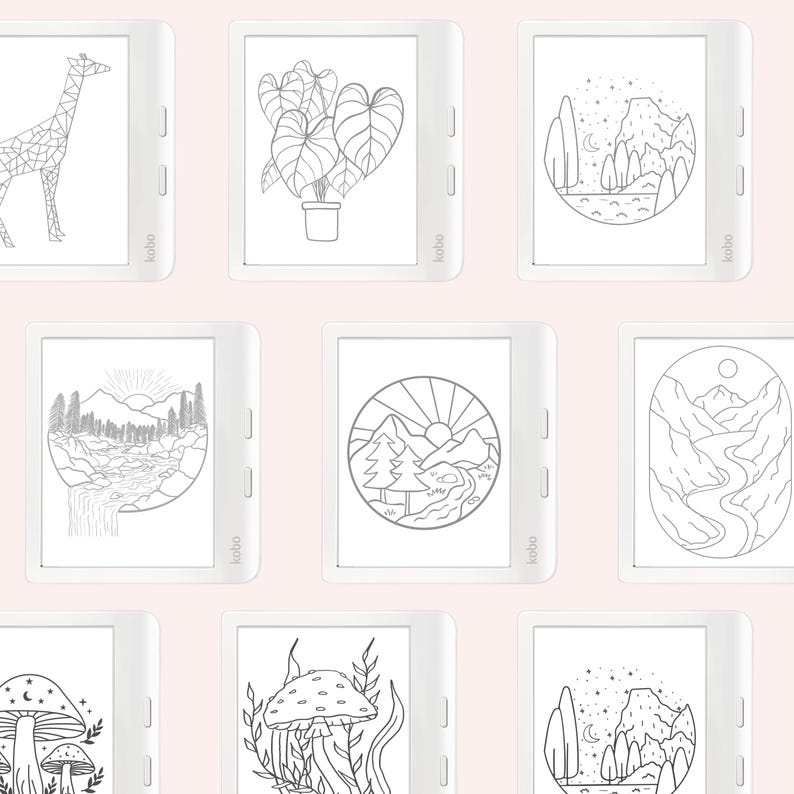 May include: Nine digital illustrations of various nature scenes and objects, including a giraffe, a plant, a mountain range, a mushroom, and a river. The illustrations are displayed on a white background.