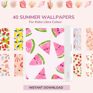 May include: 40 summer themed digital wallpapers for the Kobo Libra Colour e-reader. The image shows a sample wallpaper with a pink and green watermelon pattern on a white background.