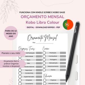 Könnte beinhalten: Digitaler PDF-Monatsbudgetplaner für Kobo Libra Colour, mit Abschnitten für Fixkosten, Autokosten und Bildung. Enthält einen Rakuten Kobo-Stift. Der Text lautet "Monatsbudget" und "Planen Sie Ihren Monat!"