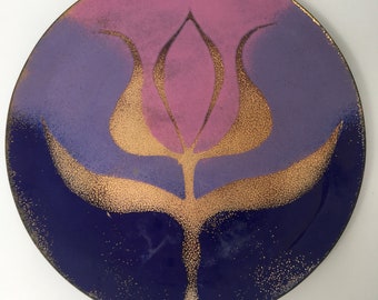 Vintage Enamel Copper Small Plate Stylized Flower Gold Pink Lavender Royal Blue Purple UNIQUE