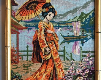 Needlepoint Picture Geisha Girl Umbrella Asian Theme Gold Framed Picture colorful hand made