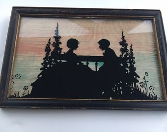 Vintage Silhouette Picture of Lovers on a Bench Ombre Background Unique Framed SWEET Woman Manl in Garden Sunset Reverse Painting on Glass