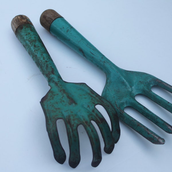 2 Rustic Garden Tools Aqua Blue Green Turquoise Shabby