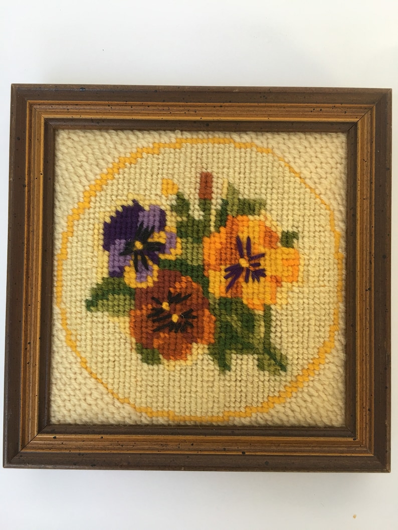Vintage Needlepoint Framed PANSY Picture Lee's First Etsy