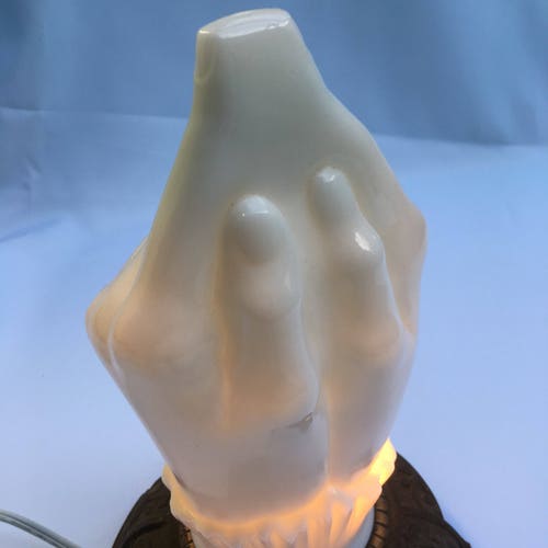 Unique Clasp Hands Glass Sculpture shops Globe for Lamp Milk glass Vintage HAND