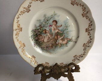 VIntage ANGEL Plate with Ornate Plate Stand Homer Laughlin The Angelus Pretty Collectible to Display