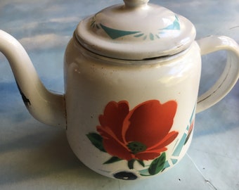 Rustic Vintage Enamel Teapot White with Red Flowers Farmhouse Kitchen Decor Vase Retro Shabby