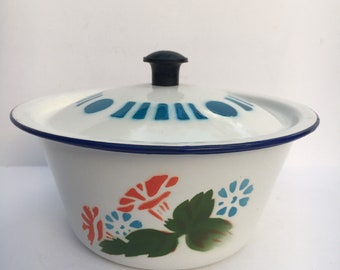 Vintage Enamel Bowl White w/ Flowers and Lid Farmhouse Kitchen Butterfly Brand Made in China Stencil Design