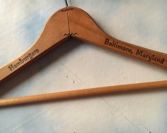 Vintage Advertising Hanger HAMBURGERS Baltimore Maryland Wooden Collectible Clothes Hanger 1960s Men's Clothing Store