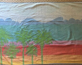 Rare Vintage MOD Palm Trees Rainbow Colors Beach Towel Made in Portugal Colorful Retro Pool Towel Eaton Cotton