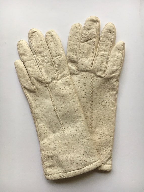 Vintage Ecru Cream Off White Kid Leather Gloves S… - image 1