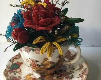 Vintage French Wire Glass Seed Bead Flowers Bouquet in Olde Avesbury Tea Cup Royal Crown Derby Pheasants Colorful Arrangement