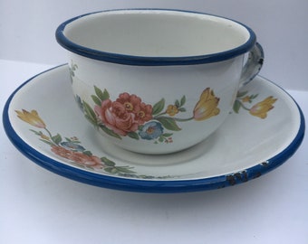 Chippy RETRO Floral Enamel Cup and Saucer Full Size Farmhouse Kitchen Decor White Blue Flowers