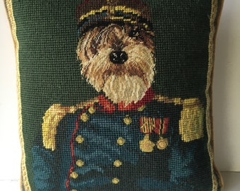 UNIQUE TERRIER in Uniform Needlepoint Pillow Green w/ Tan Velvet back REGAL Shaggy Dog Very Cool!