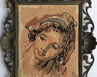 Vintage Woman Girl Needlepoint Picture Ornate METAL Frame Picture Hand made Italy